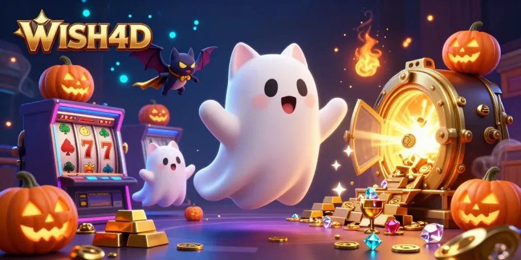 Experience the excitement at WISH4D with a ghost cat in a lively casino filled with vibrant slot machines and treasures.
