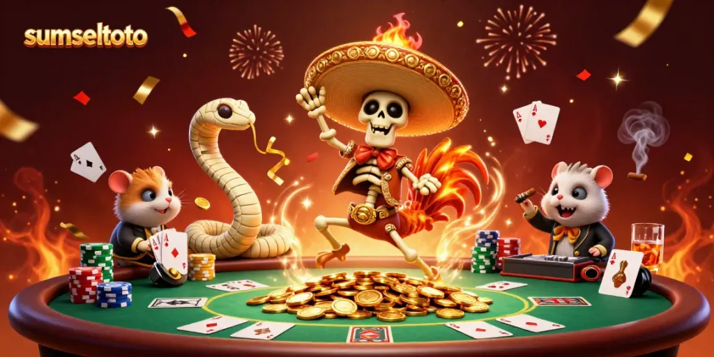 Experience the vibrant action of sumseltoto with characters energizing a packed casino scene.