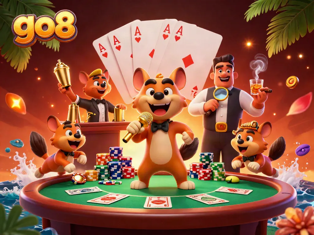 Experience the laughter and excitement of go8's vibrant casino scene with dynamic hyena characters.