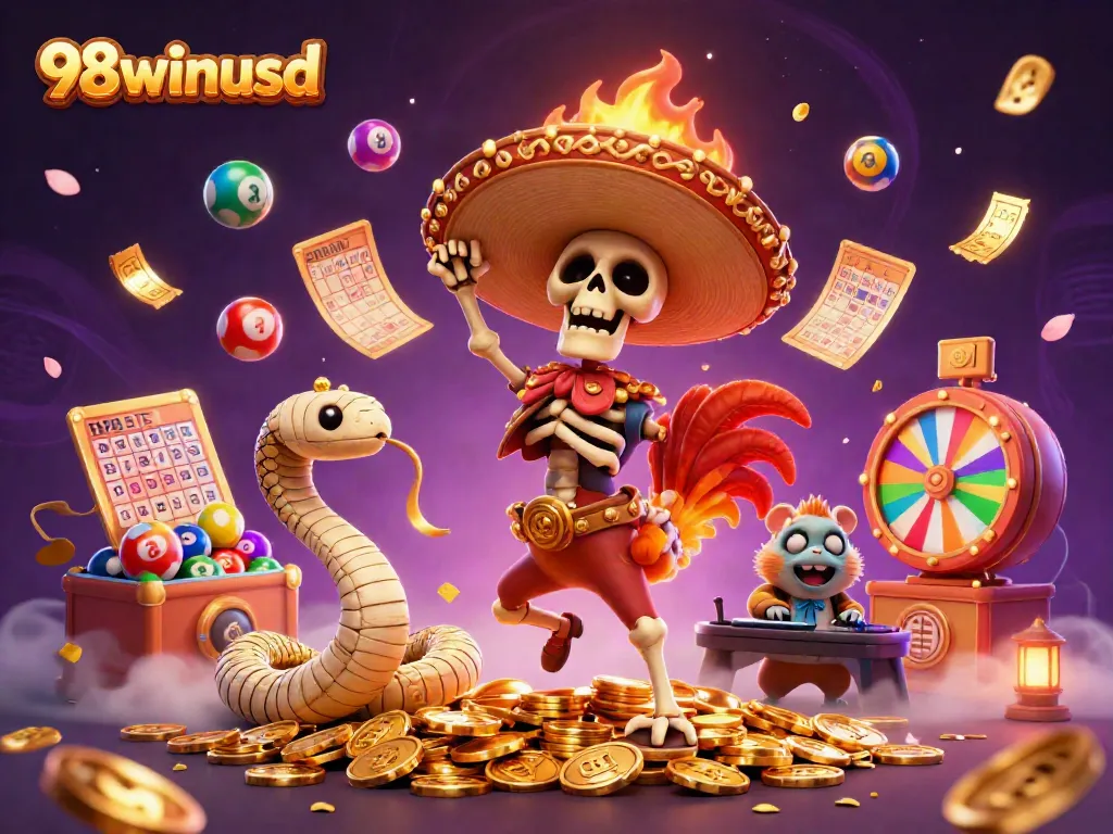 Experience thrilling gaming adventures with 98winusd in this vibrant, dynamic online casino scene featuring animated characters.