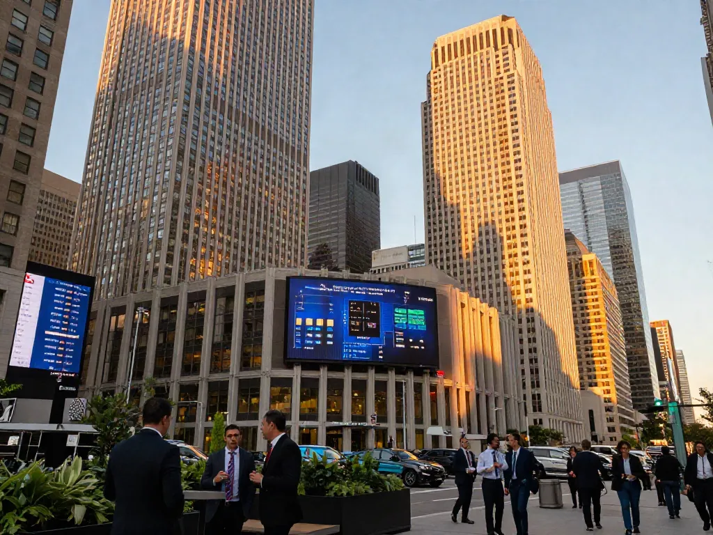 A vibrant skyline of the largest US banks by assets during sunset, showcasing financial growth and urban energy.
