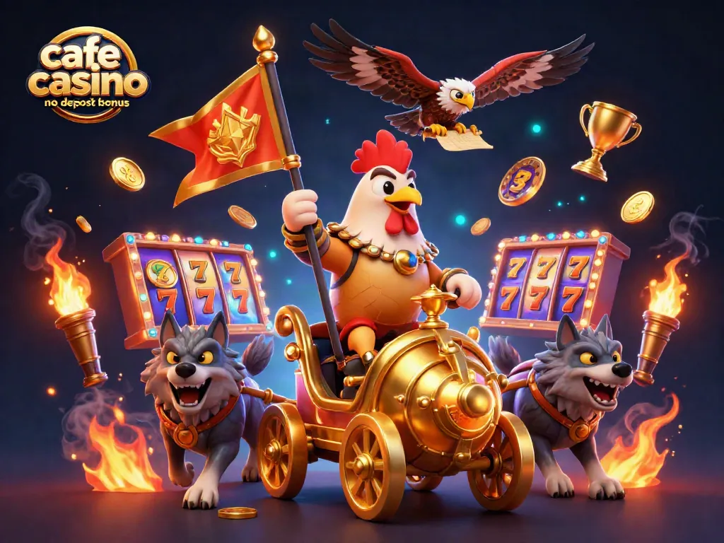 Engage with the vibrant cafe casino no deposit bonus scene featuring a cartoon rooster warlord amidst dynamic casino elements.