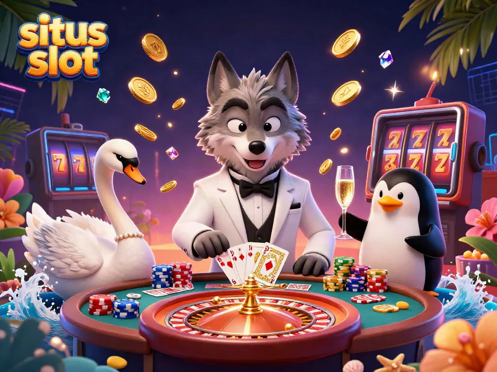 Experience the thrill of situs slot with illustrated casino characters surrounded by coins and gems.