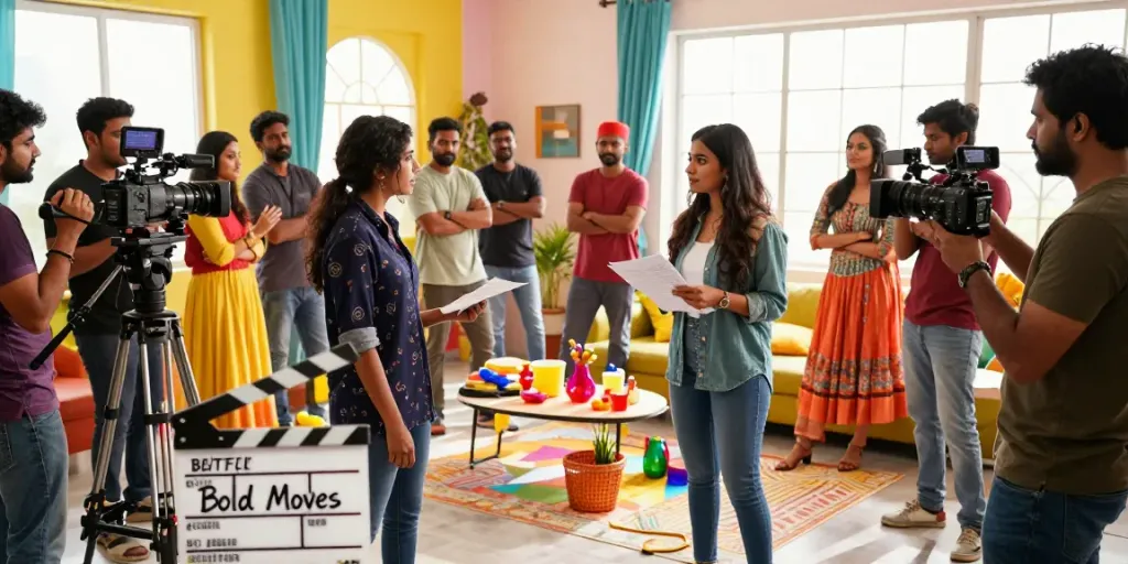 Filmmakers collaborating on new bold Indian web series during production with vibrant set elements and natural lighting, focused on creativity and teamwork in cinema.