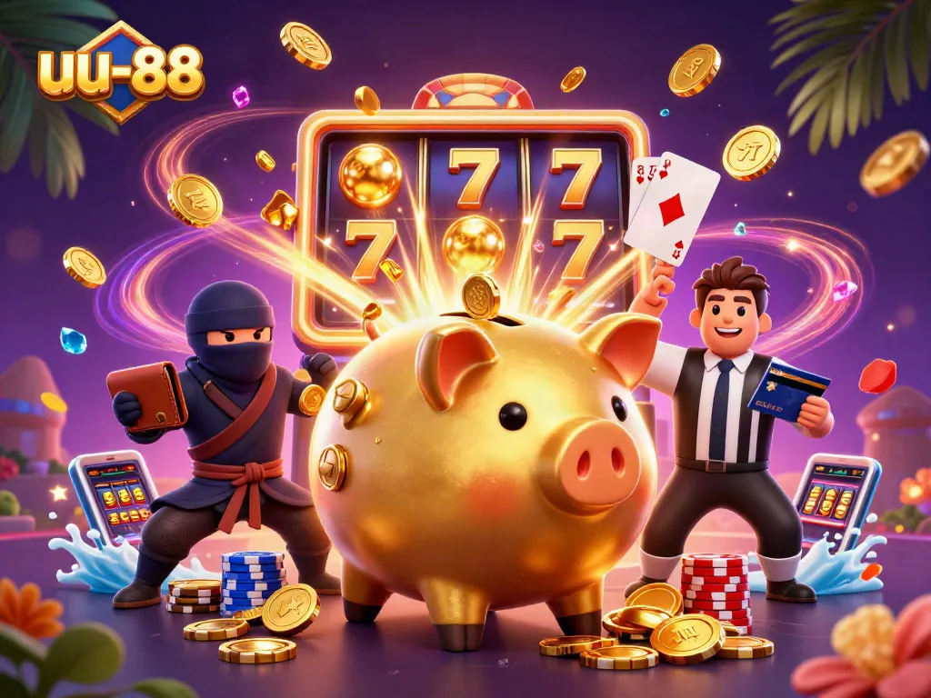 Engage with thrilling gaming action at uu-88 featuring a giant piggy bank sumo wrestler amidst cascading coins.