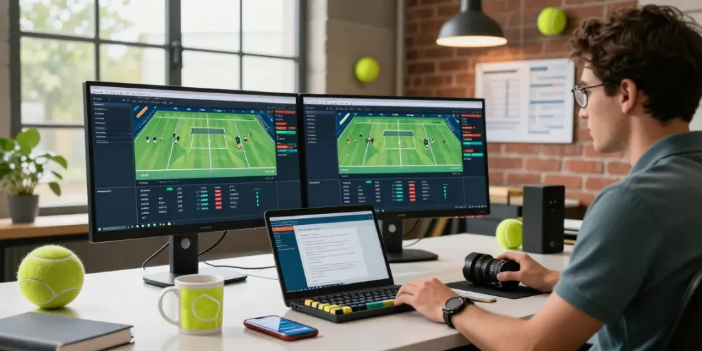 Live tennis scores displayed on monitors in a tech workspace showcasing tennis odds API functionality for developers.