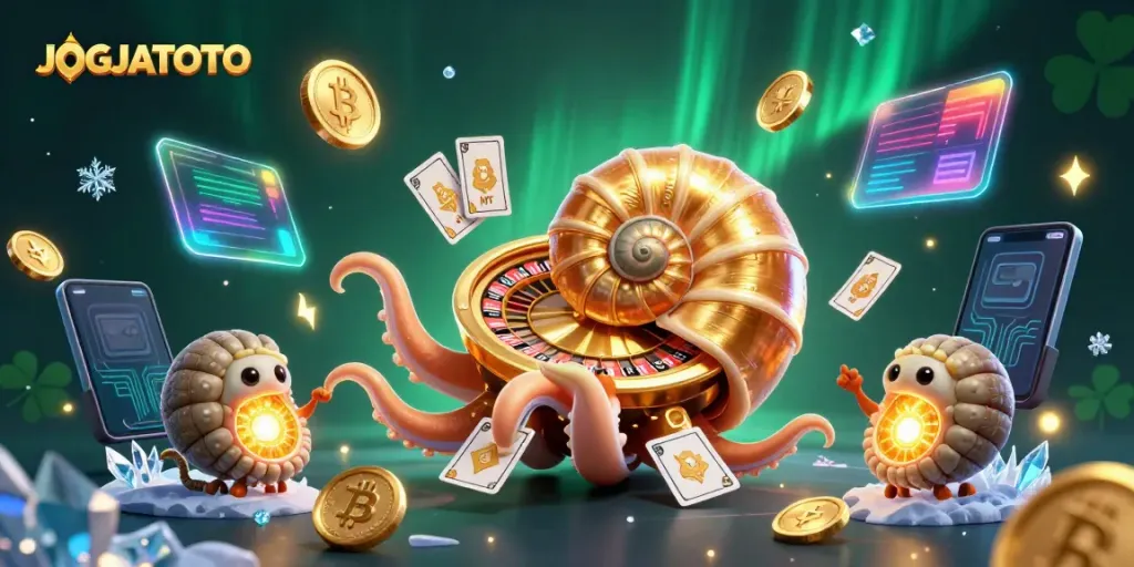 Experience thrilling gameplay with JOGJATOTO featuring a dynamic nautilus roulette wheel and glowing crypto coins.