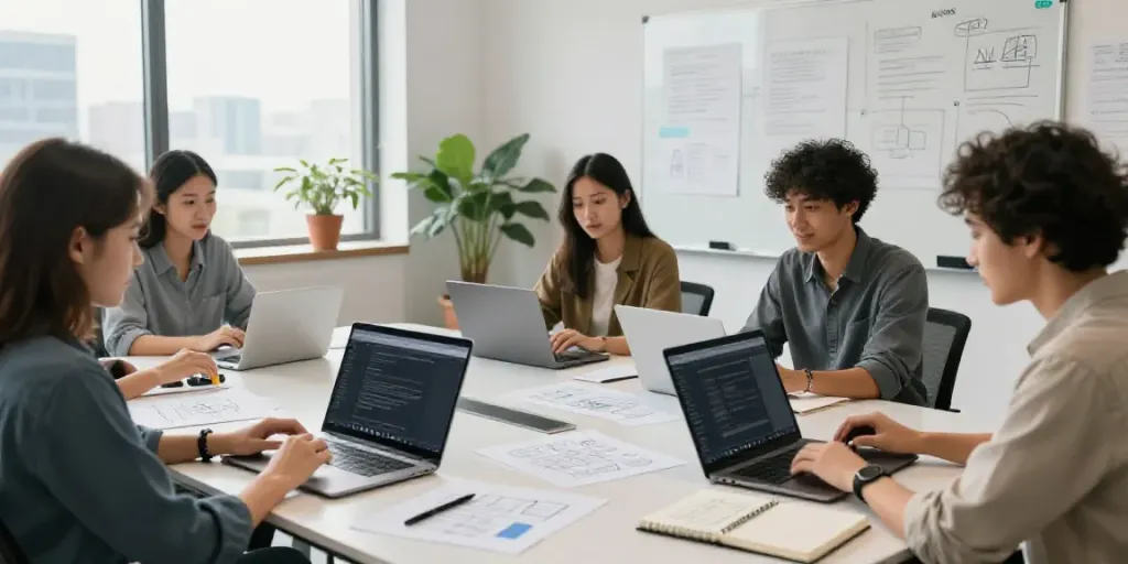 Creative team brainstorming ideas using AI content writer tools in a modern office.