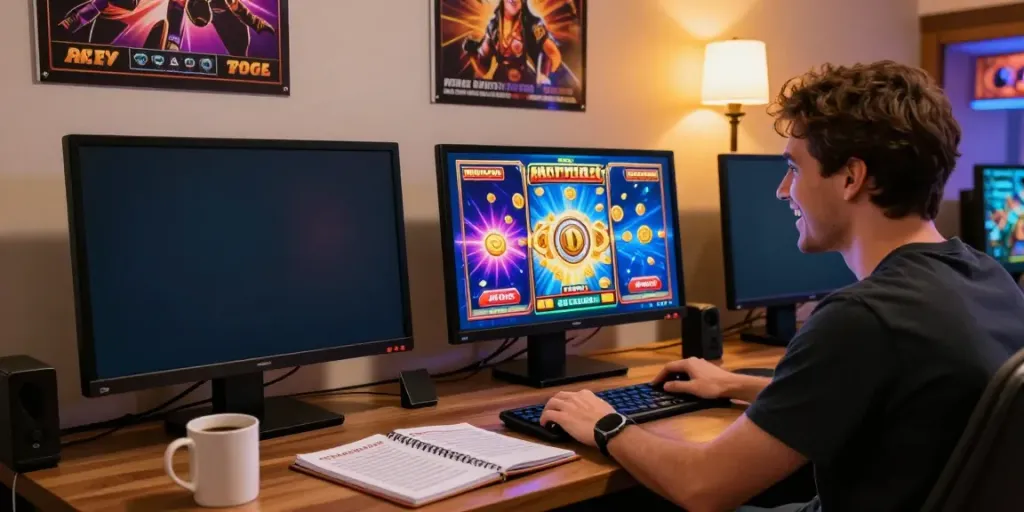 Pengguna menikmati permainan slot online RATUTOGEL di komputer dengan antusias, dikelilingi oleh suasana ceria dan perangkat permainan.