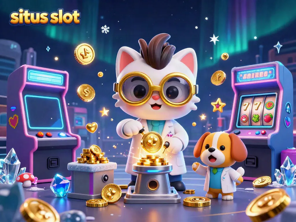 Experience exciting situs slot action with a mad scientist cat and loyal dog in a vibrant casino scene.