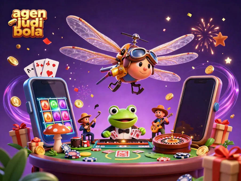 A vibrant scene showcasing a 3D cartoon dragonfly pilot bet on agen judi bola, surrounded by a frog croupier dealing cards and musical crickets.