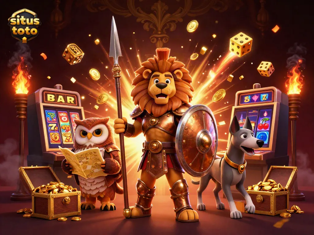 Situs toto showcases a thrilling casino scene with a hero lion, strategist owl, and speedy greyhound amidst a jackpot explosion.