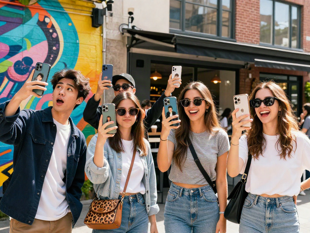 Group of friends enjoying a day out comparing looks like a celebrity photos in a vibrant urban setting.