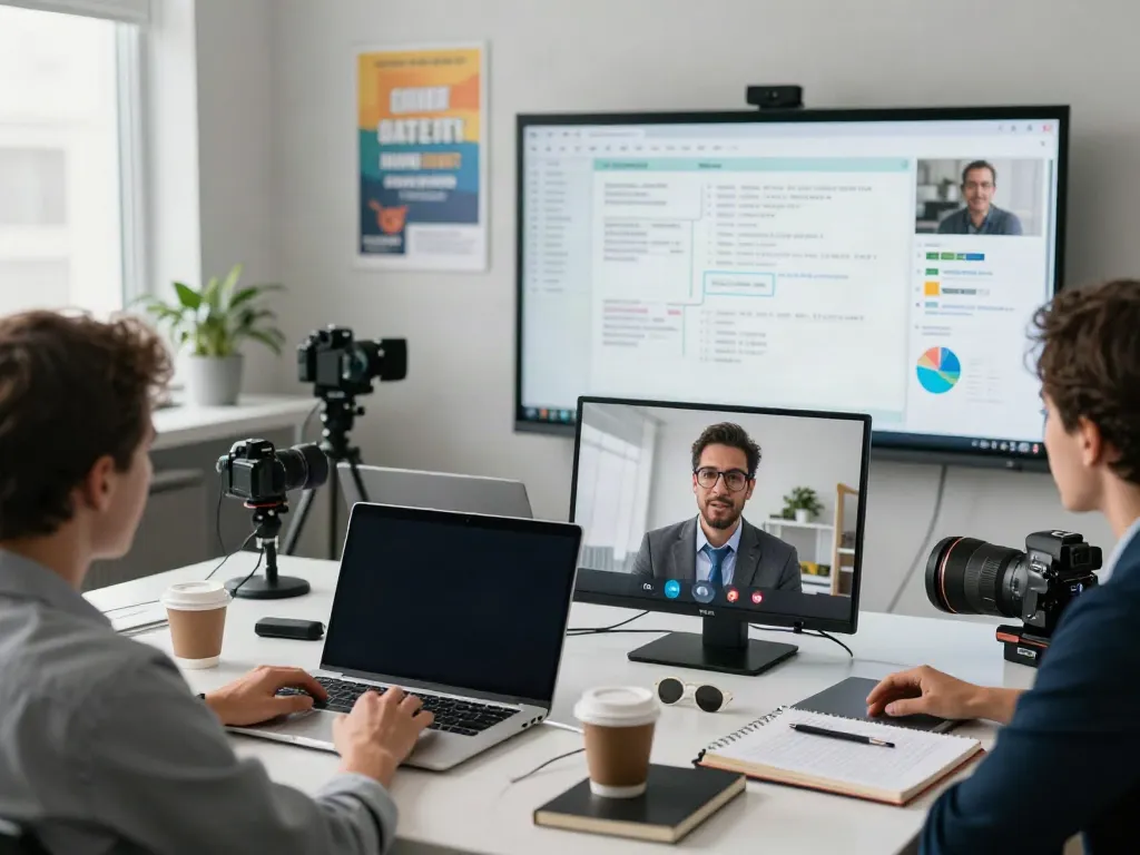 Deepfake protected meetings in a professional virtual setting, showcasing team collaboration.