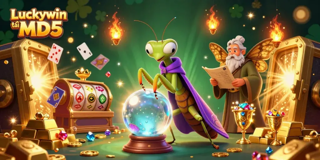 Experience the thrill of online gaming at Luckywin tài xỉu MD5, filled with colorful slot reels and animated characters.