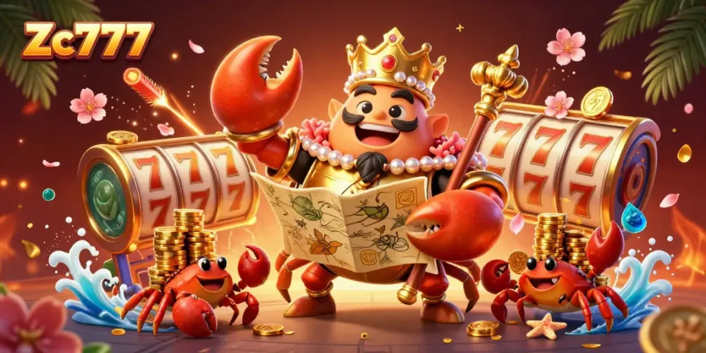 Win big with Zc777 in this vibrant casino-themed illustration showcasing exciting games and elements.