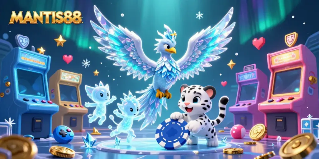 MANTIS88 showcases a vibrant scene with an ice phoenix and playful characters in a dynamic casino setting.