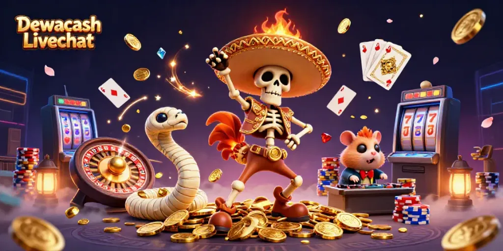 Dewacash Livechat brings a vibrant scene of animated characters celebrating on golden coins, showcasing casino elements.