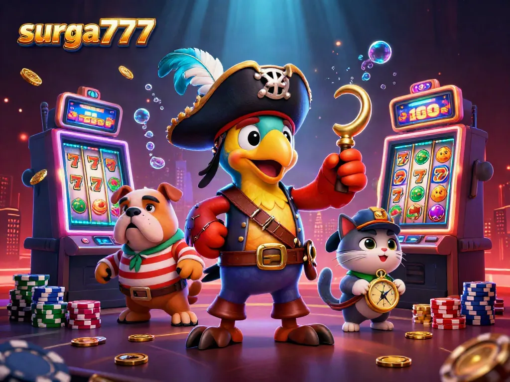 Experience thrilling slot gameplay at surga777 featuring colorful slot machines and adventurous characters.