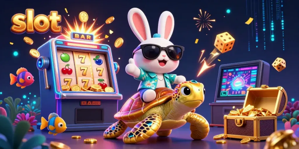 Experience thrilling slot excitement with a lucky rabbit and golden turtle amidst jackpot bursts.