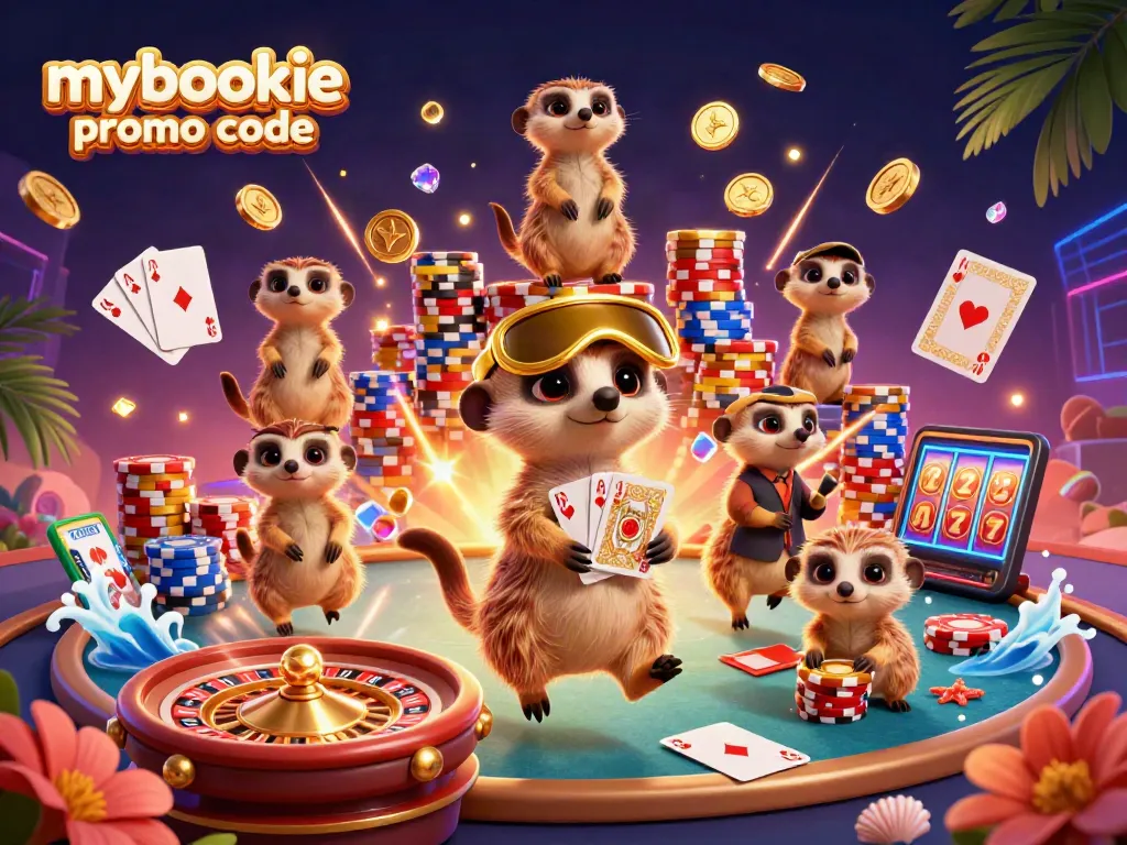 Engage with the exciting mybookie promo code scene featuring meerkat dealers, chips, and golden coins.