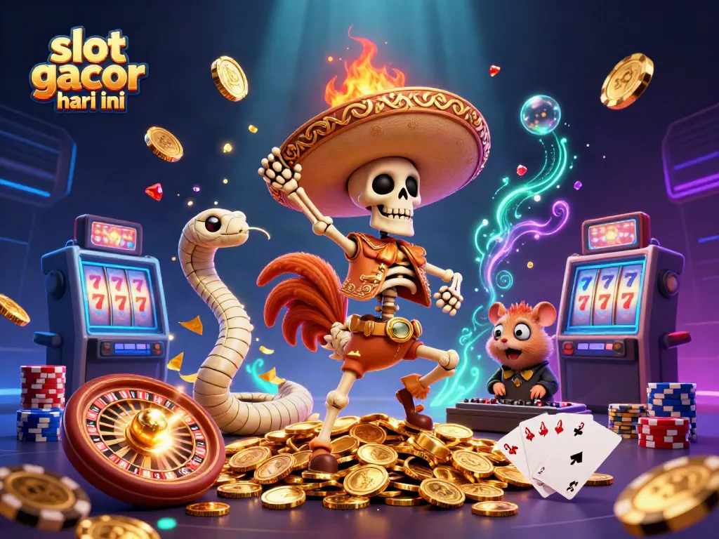 Engage with the festive scene of slot gacor hari ini featuring a lively mariachi rooster, a mummy snake, and DJ hamster amidst flying coins and gems, celebrating casino excitement.