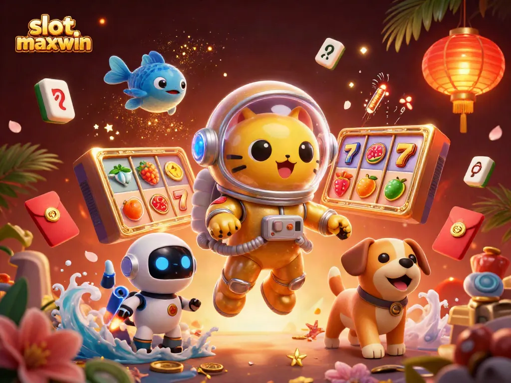 Experience the thrilling slot maxwin with cartoon characters in a lively casino-themed scene.