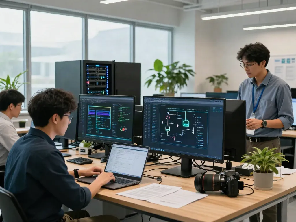 Engineers in modern AI lab collaborating on GPU analysis, exploring what are AI tokens.