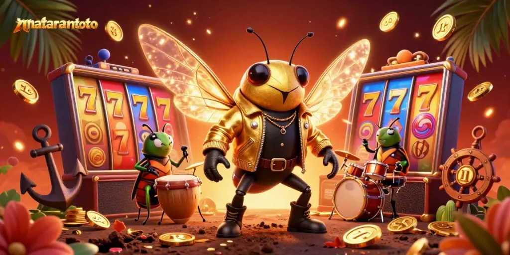 Experience mataramtoto's vibrant casino scene featuring a rock star cicada amidst exciting slot elements.