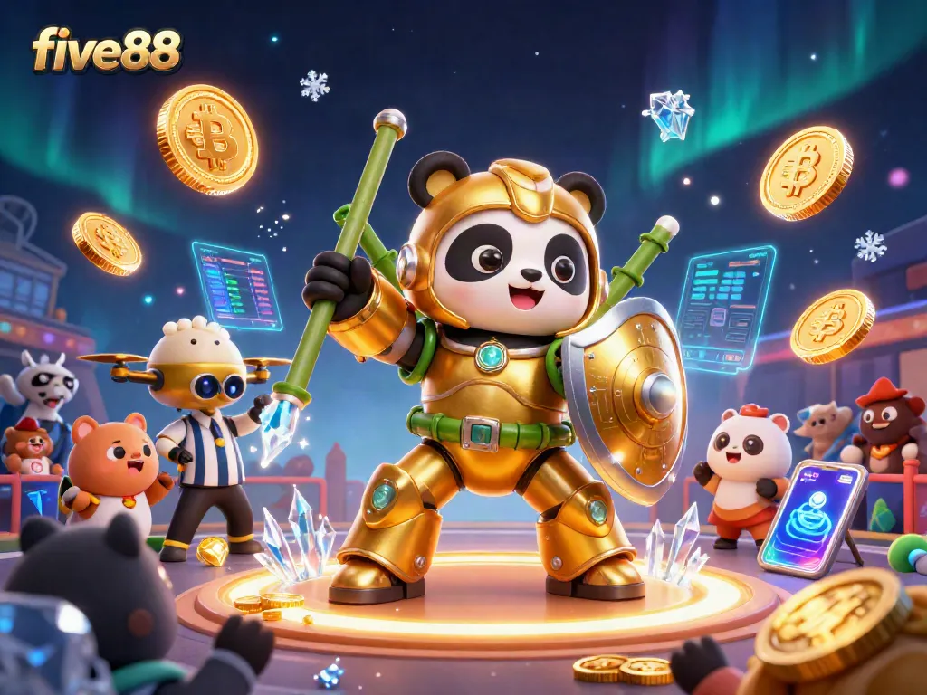 Join the action on five88 with a dynamic 3D casino scene featuring a golden panda and vibrant crypto elements.