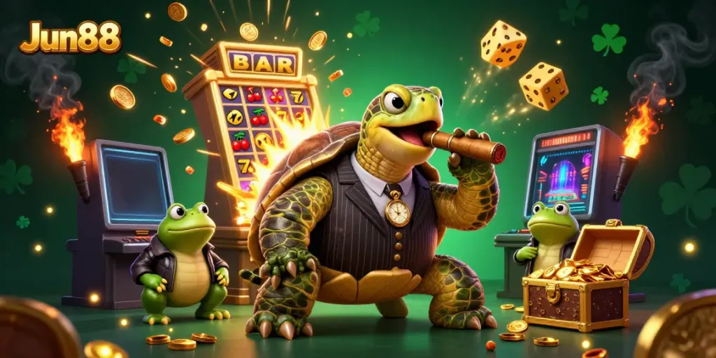 Experience thrilling gaming at Jun88 with a dynamic illustration of a lively casino scene.