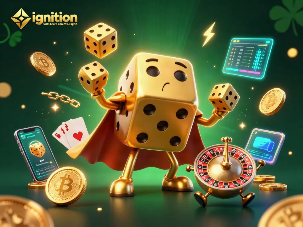 Spin and win with the ignition casino bonus code free spins, featuring dazzling golden dice and crypto coins.