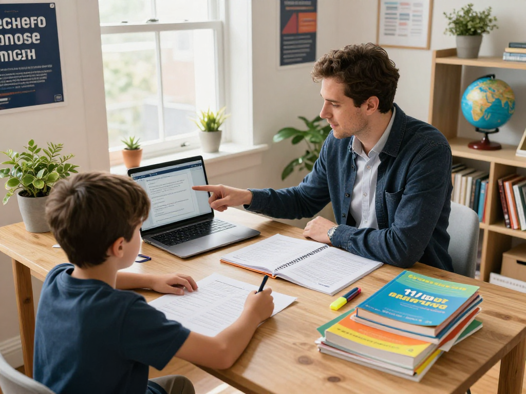 11 plus exam tutors near me guiding a student in an inviting study space, highlighting a focused tutoring moment.