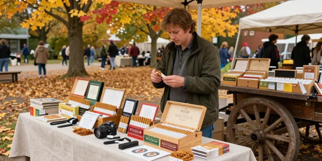 Explore wholesale cigarette online options in a warm, lively farmer's market setting with high-quality, organic tobacco products.