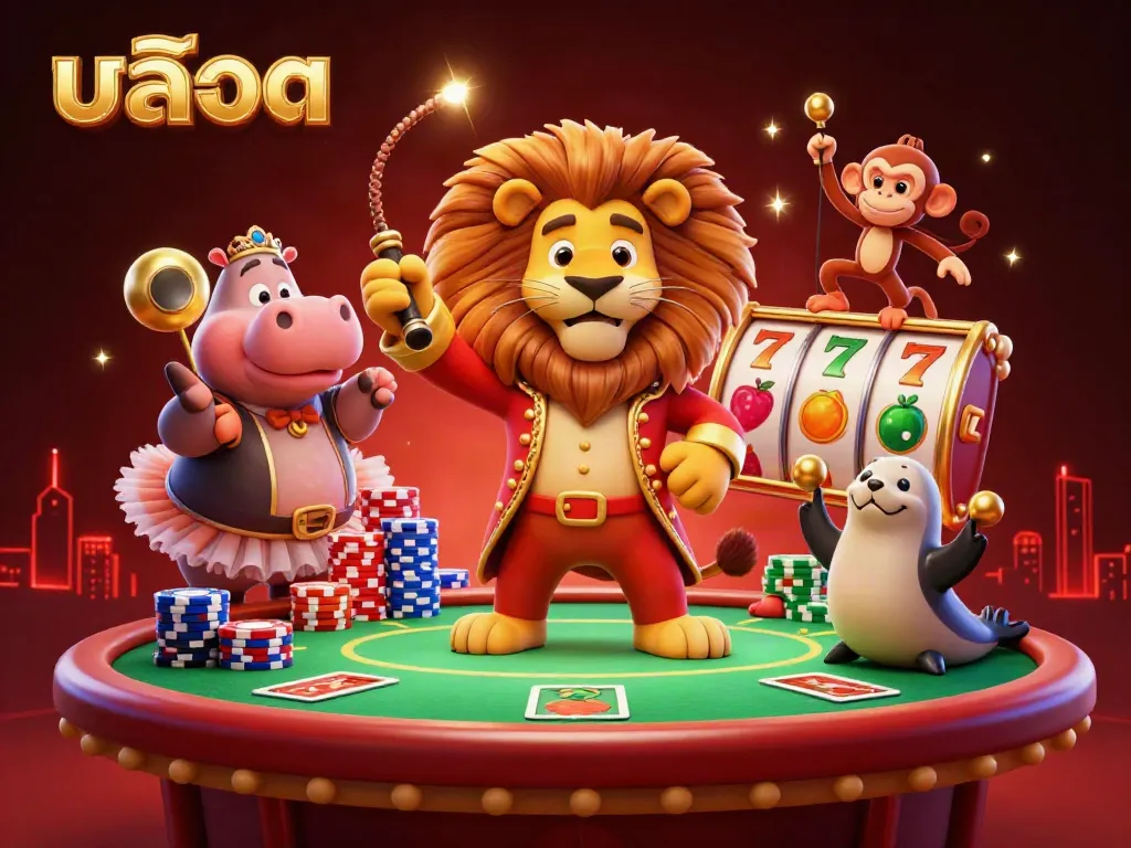 Spin the สล็อต reels with vibrant 3D circus characters like a lion and seal, surrounded by poker elements.