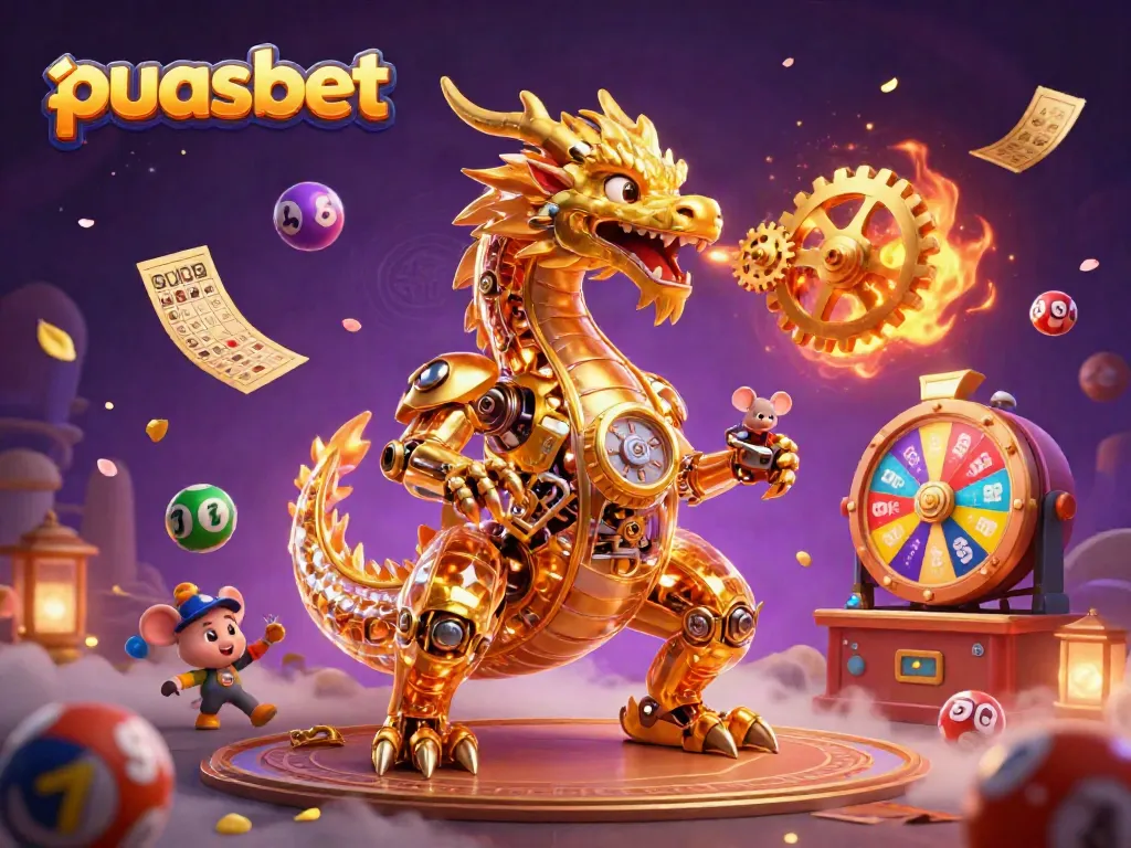 Permainan menyenangkan di PUASBET dengan naga emas mekanik dan bola lotere berwarna-warni.