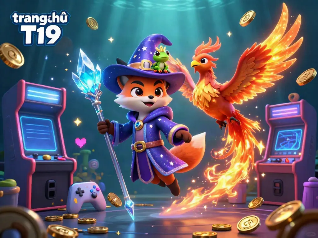 Experience the vibrant atmosphere of trang chủ T19 with a mystical wizard fox and phoenix in a lively digital casino.