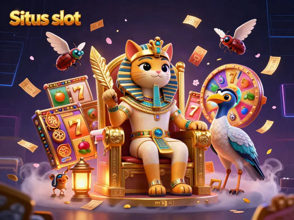 Engage with Situs slot through a vibrant scene of a pharaoh cat and ibis companion amid dynamic gaming elements.