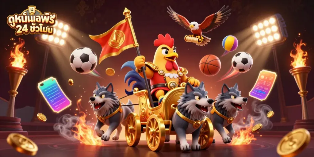 Engage with ดูหนังออนไลน์ฟรี 24 ชั่วโมง featuring a vibrant scene of a rooster warlord and sports elements.