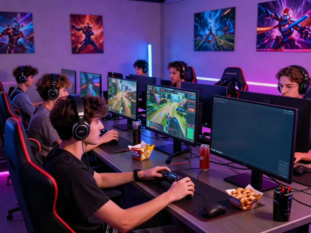 Diverse gamers enjoying the Batman138 online gaming experience with dynamic lighting and modern equipment.