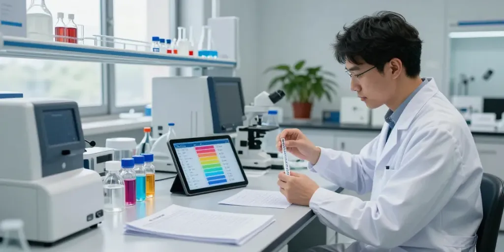 Scientist analyzing peptide samples in a modern lab showcasing peptides prices comparisons.