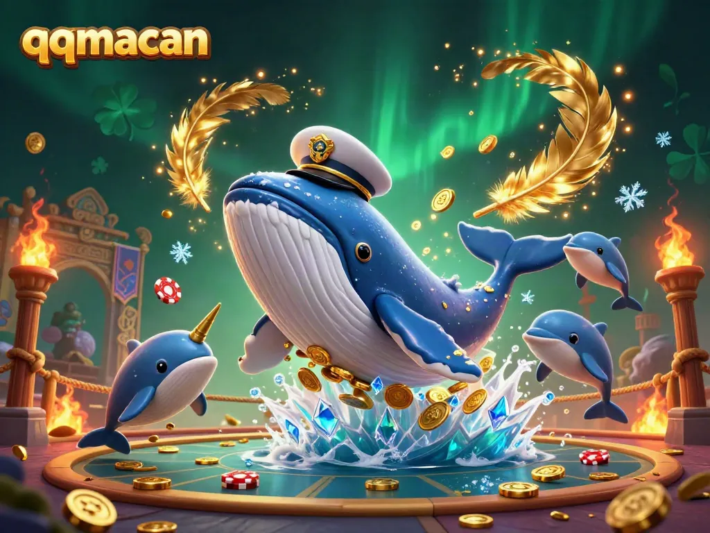 Engage in thrilling gameplay with qqmacan as a cartoon whale shines amidst coins and poker chip tricks.