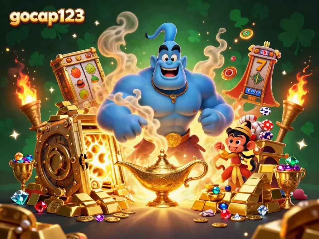 Gocap123 menyajikan genie raksasa dan karakter slot yang menarik dalam permainan kasino online.