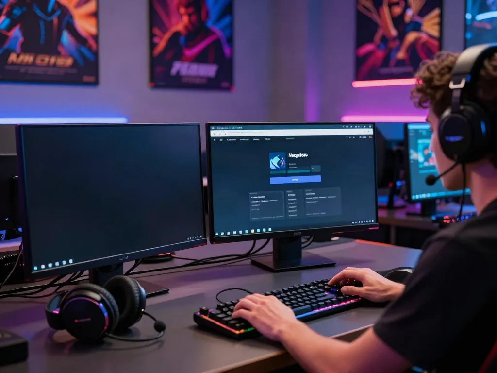 User engaging in hargatoto login on a high-resolution monitor in a colorful gaming setup.