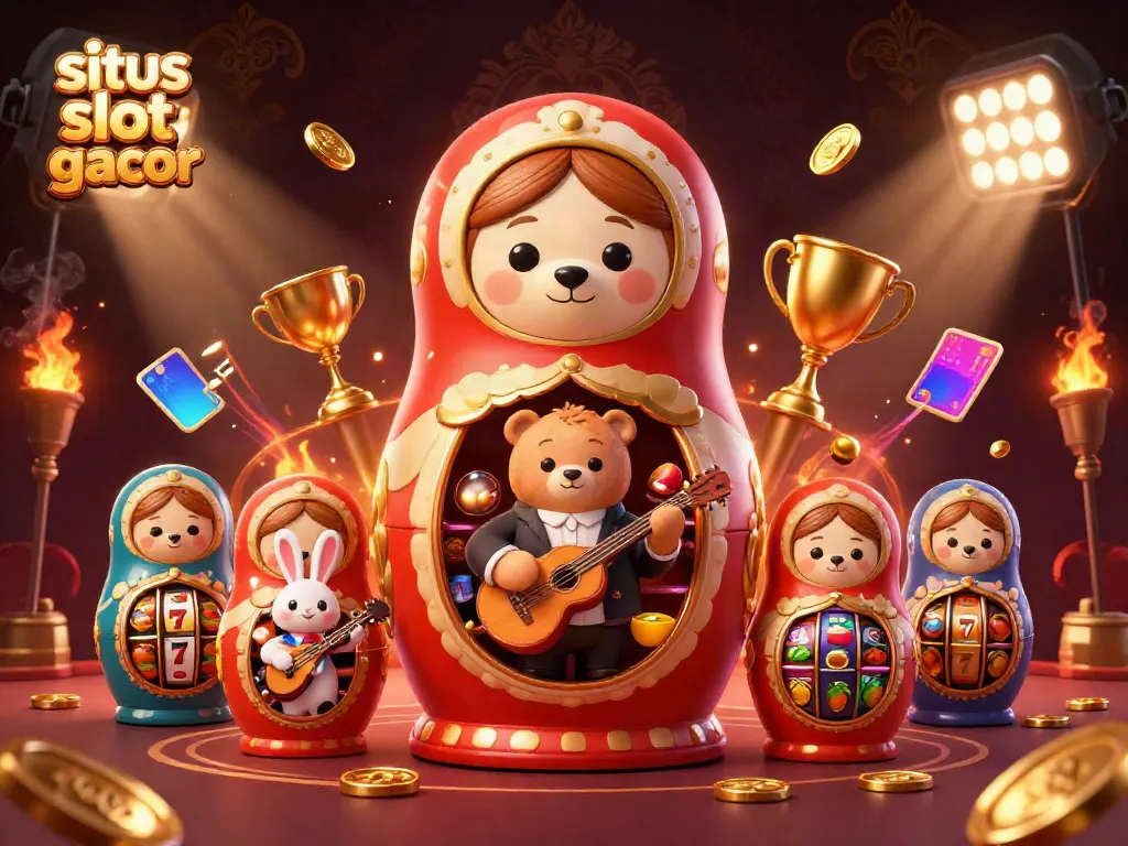 Permainan menarik di situs slot gacor dengan ilustrasi Bear Matryoshka dan elemen kasino.